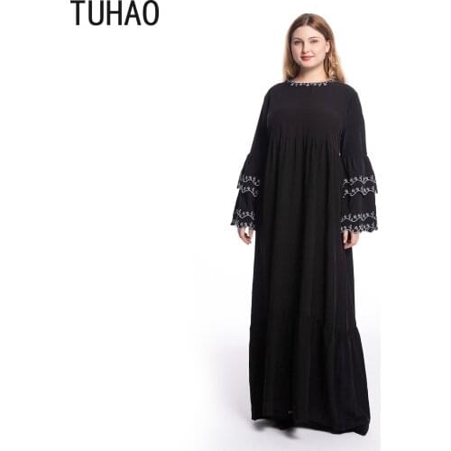 TUHAO Plus Size 5XL 4XL 3XL Vintage Muslim Dresses Long Black Petal Sleeve Kaftan Muslim Dress Hijab Dress Oversize Dresses WM42