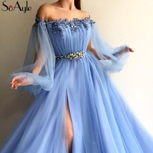 SoAyle Charming Iris Evening Dresses 2018 A-Line Transparent Wide Sleeve Fashion Tull Lace Beading Prom Dresses Vestido de Festa