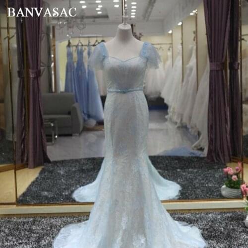 BANVASAC 2017 New Mermaid Elegant Embroidery Strapless Wedding Dresses Crystals Sash Short Sleeve Satin Sweep Train Bridal Gowns