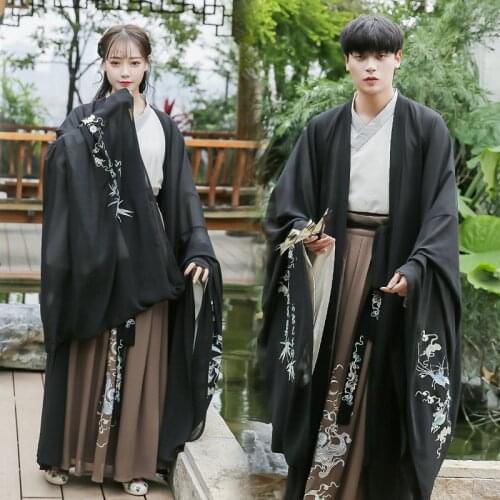 Free shipping Hanfu mens ancient costume embroidered cloak large sleeve shirt womens Cross collar waist length Ru skirt suit