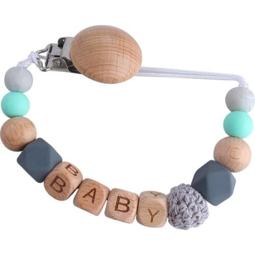 Personalized name handmade silicone baby wooden dummy pacifier clip safe teething chain teether pacifier chain bracket chain