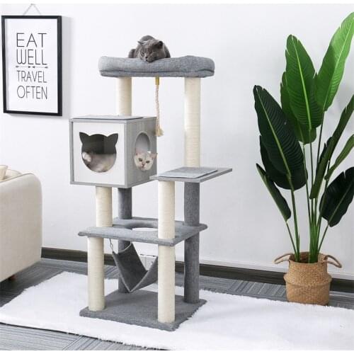 Domestic Cat Tree Tower with Hammock Scratching Post Cat Condo Nest Funny Toy Cat Gray Crawler Tree Scratched Scissors Tree