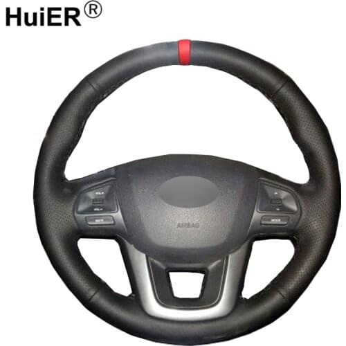 HuiER Hand Sew Car Steering Wheel Cover Breathable Red Marker For Kia K2 Kia Rio 2011 2012 2013 Steering-wheel Auto Accessorie