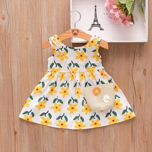 2Piece Summer Toddler Girl Clothes Set Baby Beach Dresses Cute Bow Flowers Dress Sleeveless Cotton Newborn Princess Dress + Bag