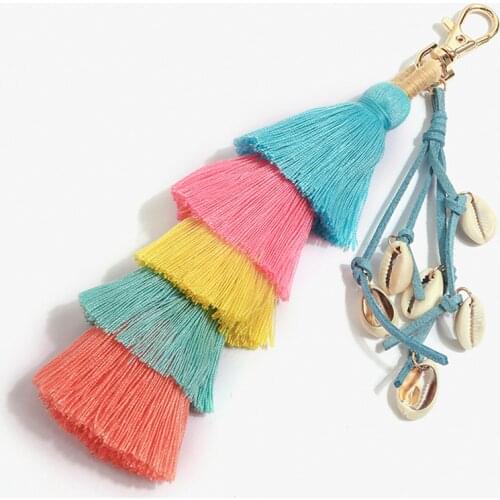 Fashion tassel color shell car key chain accessories female bag pendant plush ornaments key ring Car Interior Accessories