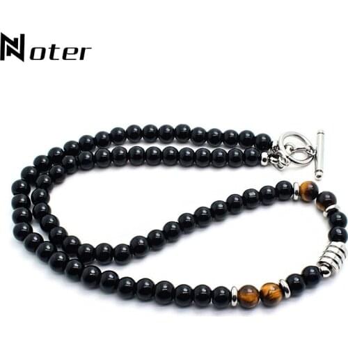 Noter Mens Stone Necklace Hiphop Punk Stainless Steel Necklace Male Natural Tiger eye Beads Necklace Meditation Present For Men
