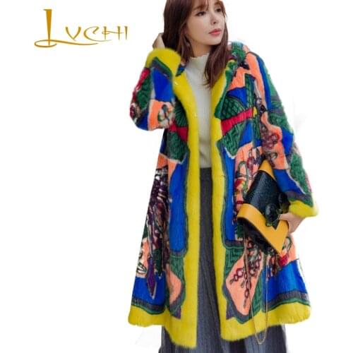 LVCHI 2017Winter Imported Crown Level Swan Velvet Mink Coats Hat Real Fur Natural Fur Print Mink Womens Medium Causal Mink Coat