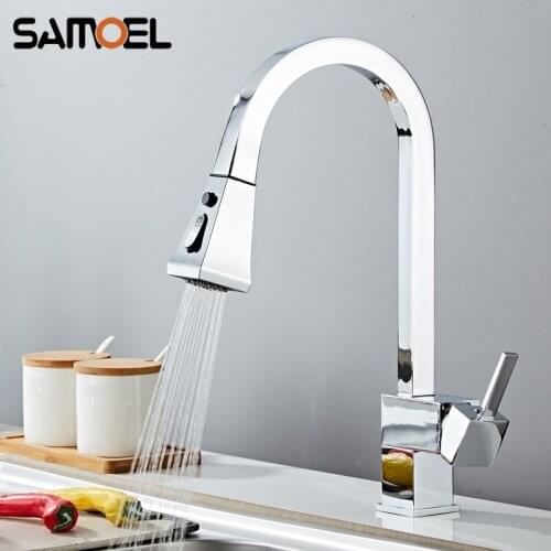 New 2021 Brass Kitchen Sink Faucet Single Hole Chrome Finish Square Pull Out Kitchen Cold Hot Water Mixer Tap 1248C