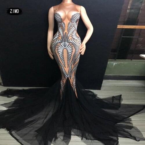 New Black print Long Dress Performance Stretch Dance Birthday Celebrate Outfit Nightclub Party Singer Costume spandex sexy woman