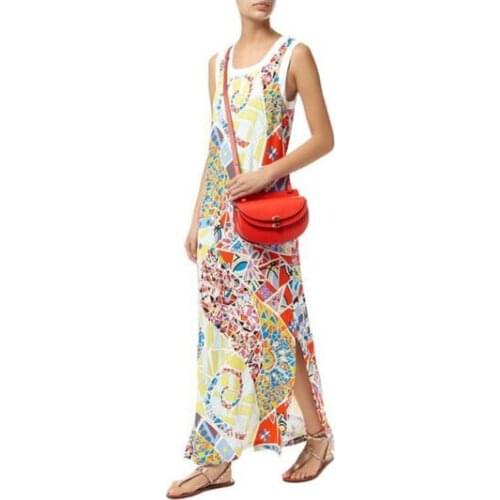 New womens fashion printed T-shirts lengthened sleeveless vest slim stretch silk Jersey dress