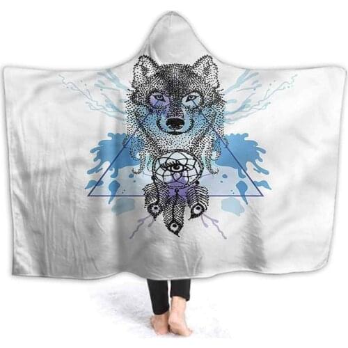 Sherpa Hooded Blanket Wolf Plush Hooded Blanket Hoodie Cloak Animal Head Dreamcatcher Hooded Blanket for Men Women Teenagers