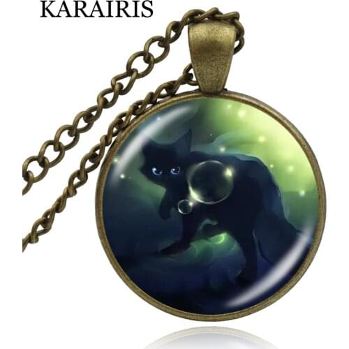 KARAIRIS Craft Art Glass Cabochon Necklace Cat Kitten Necklace Chic Cat Round Pendant Girls Boys Kids Necklaces Gifts