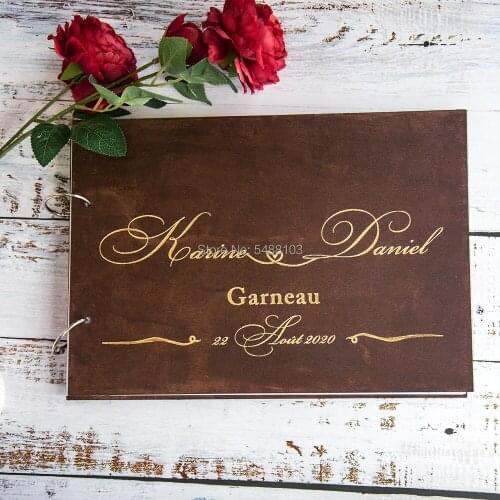 Personalized Engraved Wooden Wedding Guest Book,Calligraphy Guest Book,Brown Guestbook Wedding Album,Rustic Wooden Guestbook