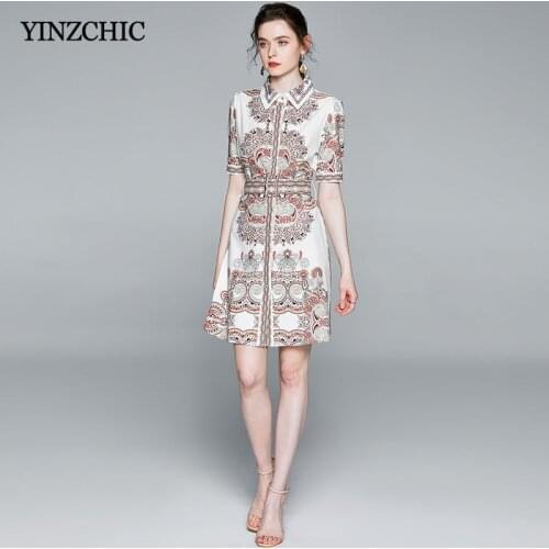 Vintage Printed Woman Summer Dress Turn-down Collar Female Elegant Party Dress Single Breasted Shirt Skirt Dress for Woman