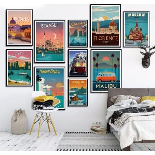 Famous city travel posters and prints cartoon London New York landscape canvas painting living room decorative wall art pictures