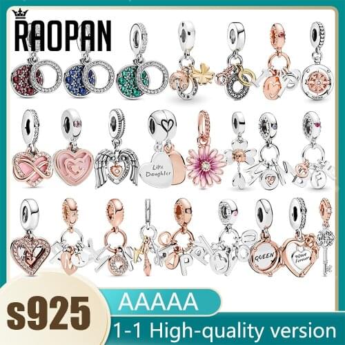 RAOPAN Rose Gold Happy Letters I Love You Love Charm Charm 925 Silver Jewelry DIY Personality Simple Gift for Girlfriend