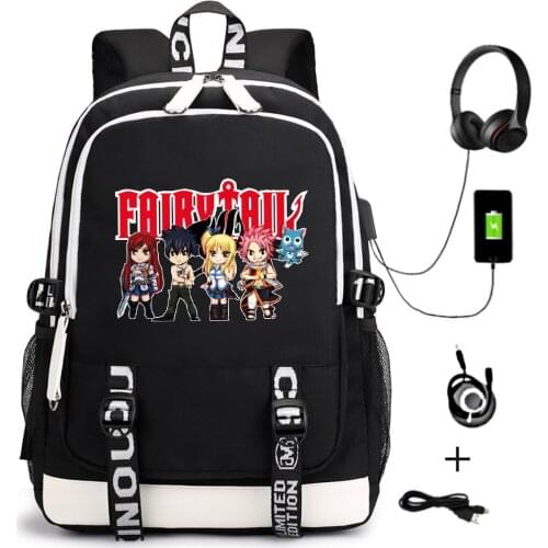 Backpack Anime Fairy Tail Unisex USB Casual School Bags For Teenagers Cartoon Travel Laptop Shoulder Bags Zipper Bookbag