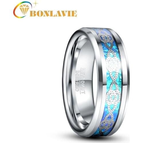 Silver Color Knot Groove Anillo Hombre Blue Opal Men Tungsten Ring Wedding Jewellery
