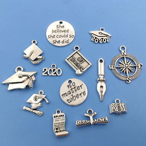 Mix 50pcs 10 Styles 2020 Back to College School Graduation Cap Diploma Charms for DIY Jewelry Making Crafting Findings Accessory