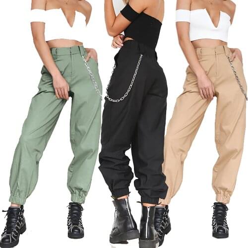 Loose Harajuku Women Harem Pants Sports Casual Pocket Long Trousers Fashion Cargo Pants With Metal Chain Hip Hop Punk Streetwear