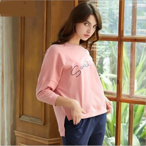 2021 Spring Autumn Female Casual Pajama sets Ladies Cotton Sleepwear suit Women O-neck collar batwing sleeve shirt & Pants