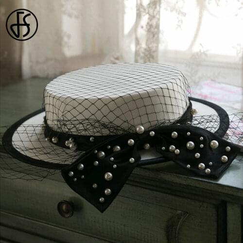 FS White Boater Fedora Top Flat Hat Women Summer Beach Wide Brim Cap With Bowknot Pearls Mesh Derby Church Party Hats