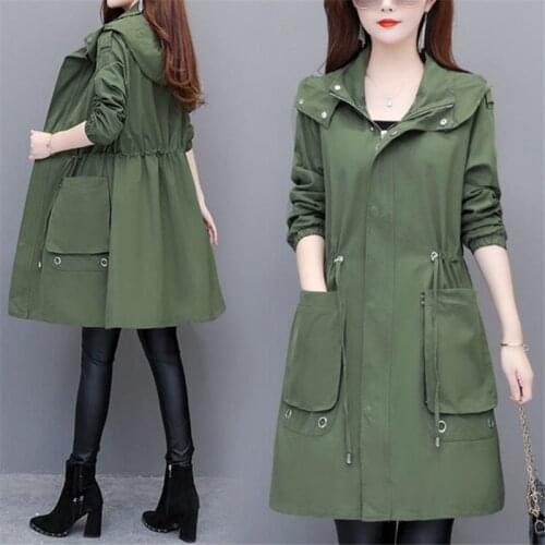 Women Windbreaker 2021 Spring Autumn New Casual Trench Coat Ladies Hooded Oversize Mid-Length Outerwear Loose Clothes Tide G787