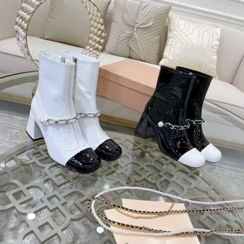 2021 Autumn Winter Ankle Boots For Woman Round Toe Women Boots Pearl Chain Women Shoes Zip Shoes Woman Fashion Genuine Leather