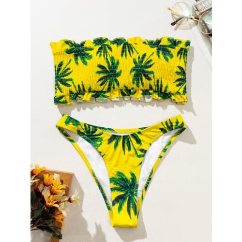 Women Pleated Bikini Sets High Waist Print Bandeau Swimsuits Coconut tree bra and panty set swimwear women bakini Young Style