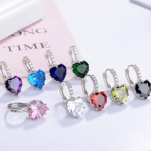 Hot Fashion Statement 9 Color Cute Romantic 925 Sterling Silver Crystal love heart Stud Earrings for Women Wedding Earring