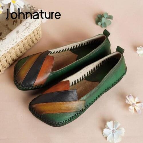 Johnature Genuine Leather Flats Women Shoes 2021 New Spring/Autumn Mixed Colors Square Toe Handmade Concise Shallow Ladies Shoes