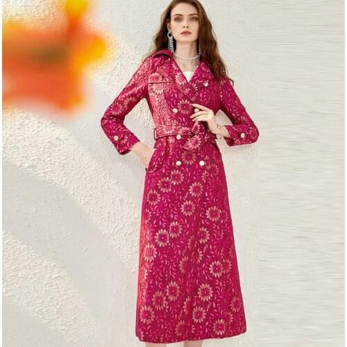 Autumn Spring Womens Female Lurex Blue Double Breasted Slim Long Trench Coat , Dobby Floral Windbreaker Coats for Woman