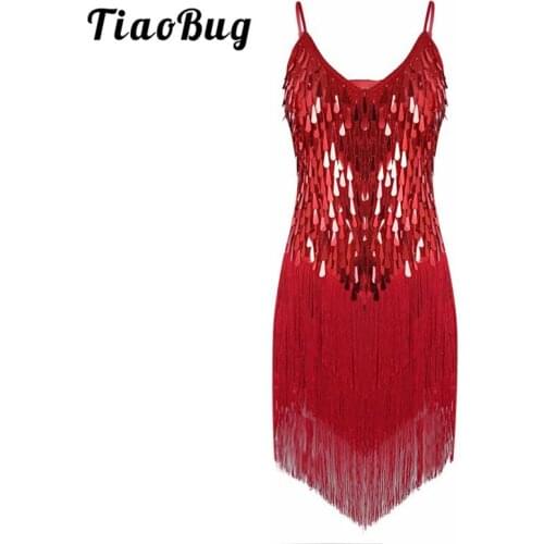 TiaoBug Women Shiny Sequins Fringe Dance Party Dress Gowns Rhythm Ballroom Samba Rumba Tango Stage Salsa Adult Latin Dance Dress