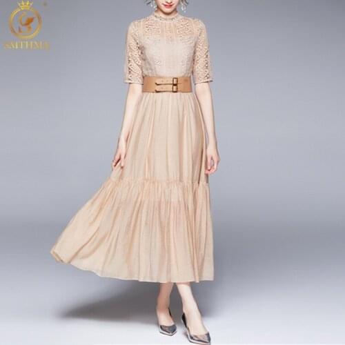SMTHMA Elegant Lace Patchwork Long Dress For Women Stand Collar Short Sleeve Temperament Dresses Womens Clothes With Belt