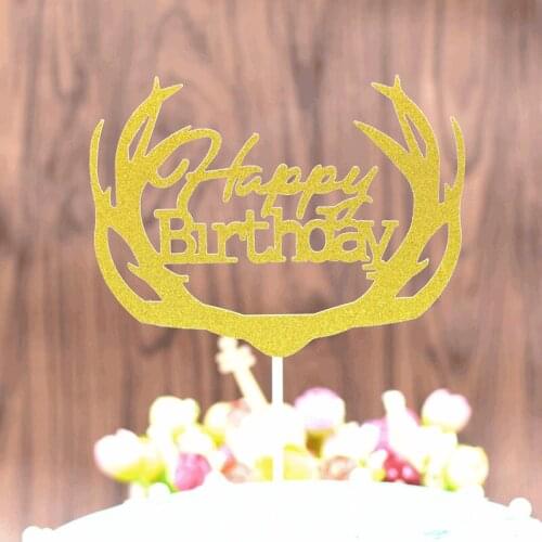 10pcs Cake Decoration Gold Deer Horns Happy Birthday Cake Toppers Giltters Cupcake Toppers for Happy Birthday Cake Decor