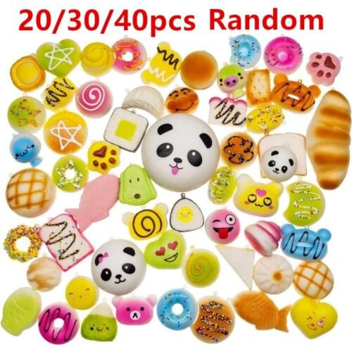 20/30/40Pcs Small Cute Decoration Random Squishy Soft Panda/Bread/Cake Key Ring Anti-Stress Squish Slow Rising Squeeze Toys
