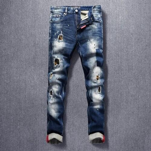 American Street Fashion Men Jeans Retro Dark Blue Destroyed Slim Fit Ripped Jeans Men Patches Designer Hip Hop Denim Punk Pants