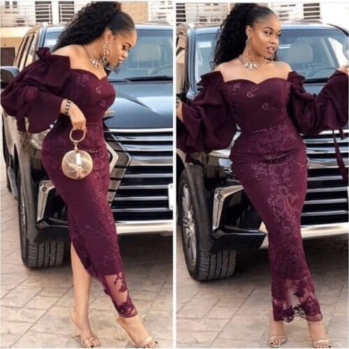 Elegant Off Shoulder Prom Dresses Deep Purple Long Formal Party Gown Arabic Aso Ebi Muslim Applique Evening Dresses Plus Size