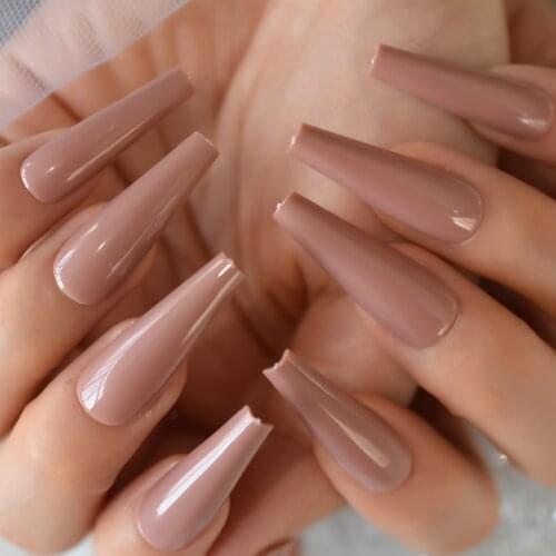 Beige Brown Glossy Ballerina Fake Nails ABS Shiny Extra Long Coffin Color Press On Nails with Glue Sticker 24