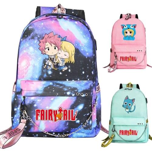 New Cartoon Fairy Tail Prints Boys Girls Kids School bag Women USB Chain Backpack Canvas Men Bagpack Packsack Bookbag