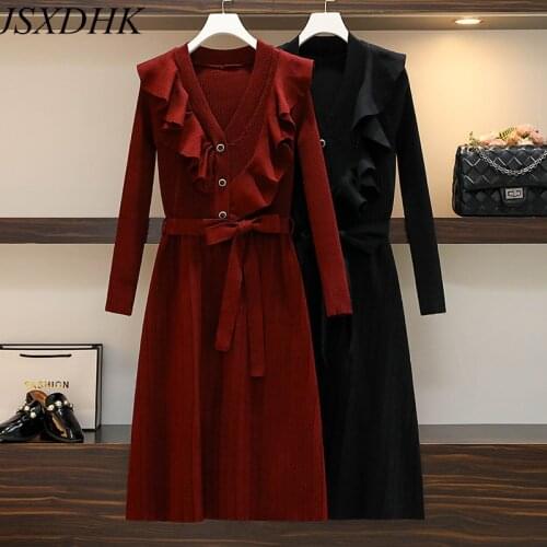 JSXDHK Elegant Women V Neck Ruffles Sweater Dress Autumn Winter Long Sleeve Knitted Deco Button Red Midi Pleated Dress With Belt