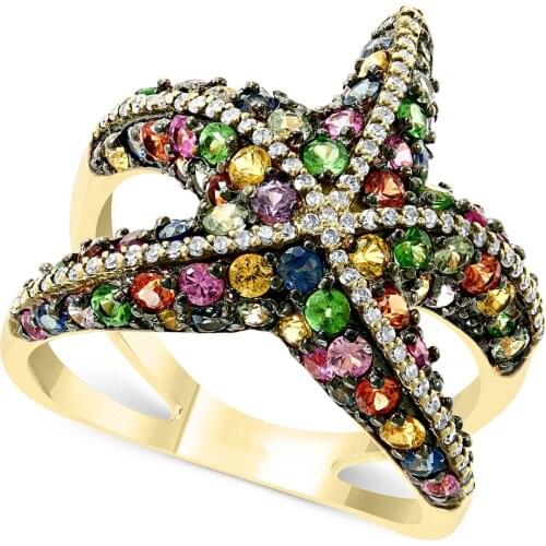 Creative Gold Color Starfish Rings For Women Rainbow CZ Stone Full Paved Fashion Jewelry Delicate Cocktail Party Gifts Ring