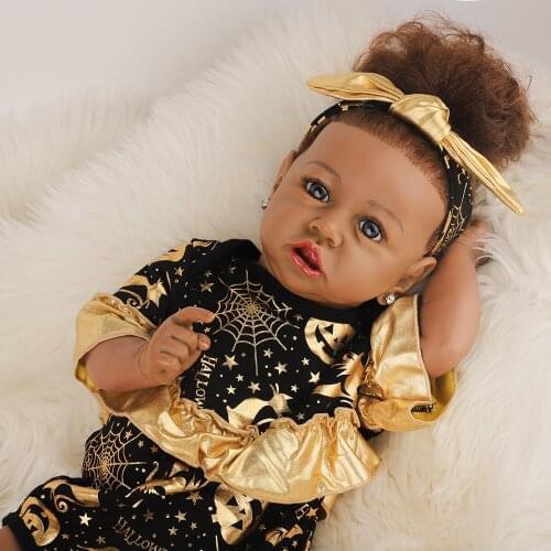 58CM Realistic Newborn Baby Doll Black Skin Blue Eyes Lifelike Reborn Baby Doll With Heartbeat Full Silicone Dolls Toy Xmas Gift