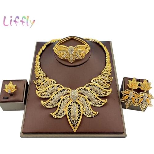 Liffly Nigeria Fashion Jewelry Sets Big Necklace Leaf Bracelet Earrings Ring Crystal Jewelry Wedding Bridal Jewelry Set