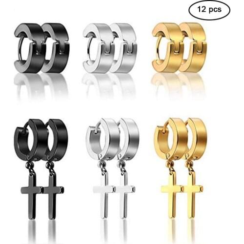 12 pcs Punk Earrings Set Titanium Steel Cross Earrings for Men Women Black Gold Plated Silver Color Male Boy Party Jewelry