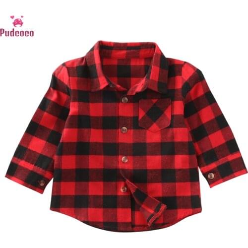 New Red Shirt For Baby Boys Cotton Shirt Kids Long Sleeve Red Plaid Blouse Baby Boys Pocket Tops Shirt Turn Down Collar
