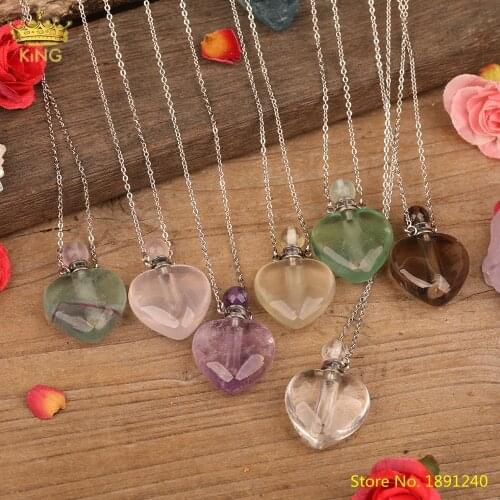 Natural Gems Stone Heart Shape Perfume Bottle Pendants Silvery Chains Necklace Essential Oil Diffuser Vial Necklace For Women