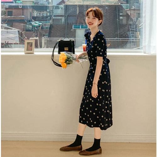 2020 New New Summer Dress Girls Boho Party Chiffon Female Vintage Dress blue dot long Sleeve Women Dresses Robe Vestido