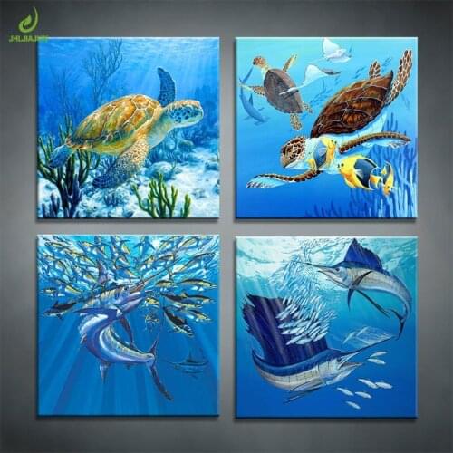 JHLJIAJUN 4 Piece Underwater World Painting Modual Canvas DecorationModular Picture Art Decorative Nordic Bedroom Painting