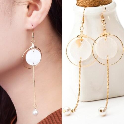 Hollow Square & Hoop White Round Shell Stick Chains Geometric Golden Silver Plated Drop Earrings Dangle Earrings for Women